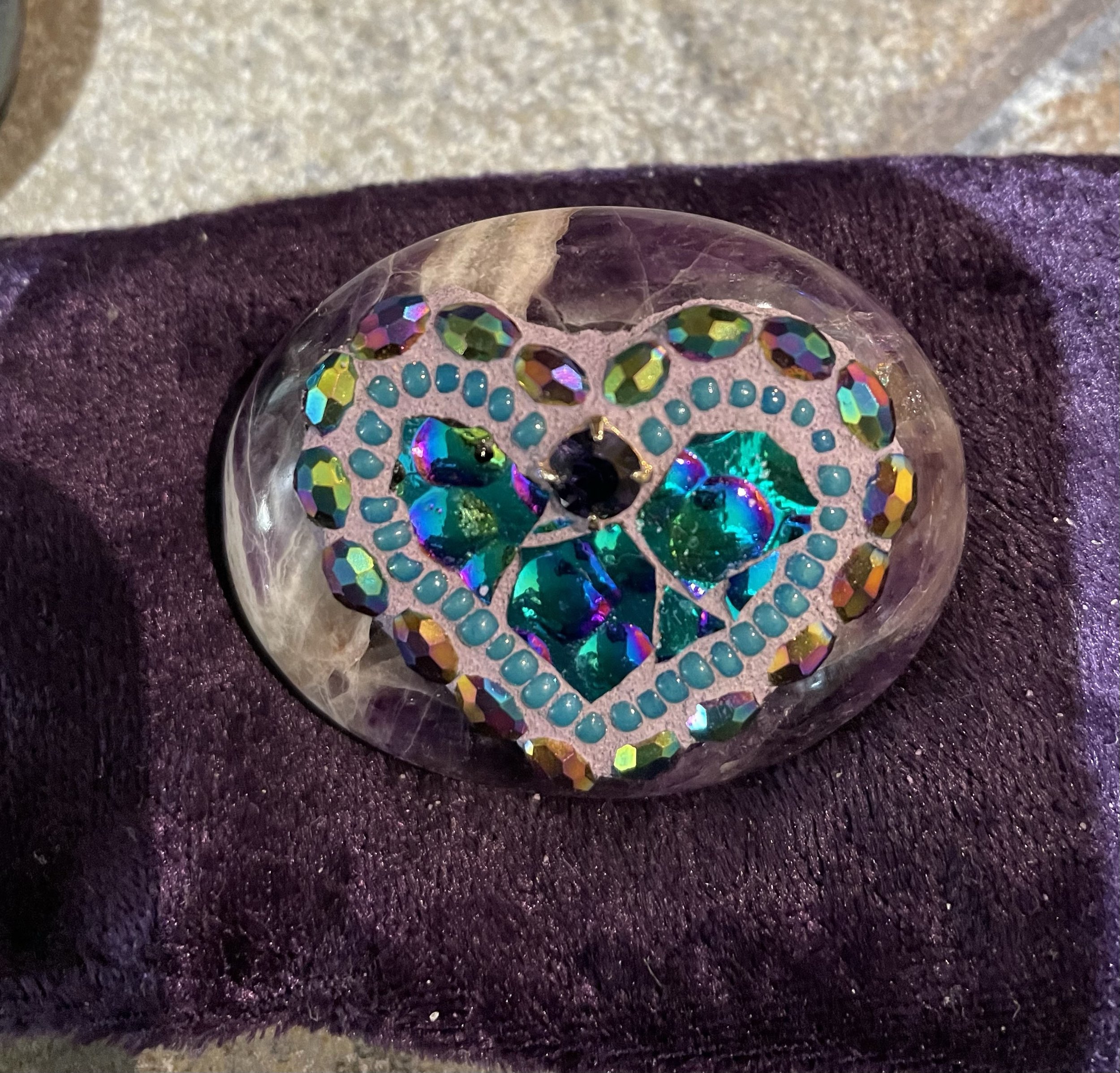 Mosaic Heart on Pink Amethyst Druzy — Moon Jewel Mosaics